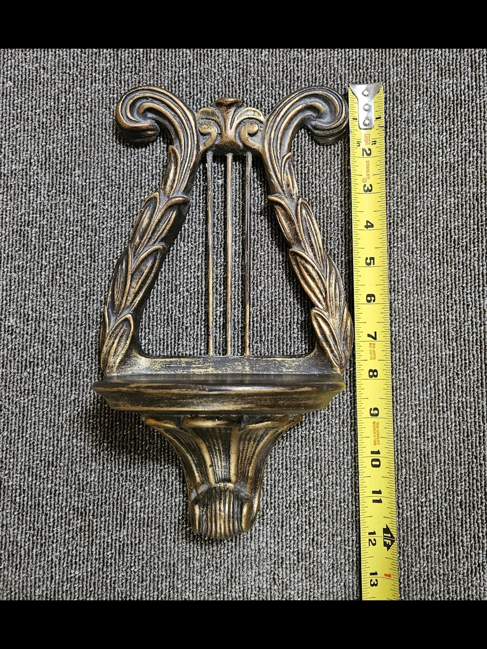 Vintage Chalkware Lyre Harp Shaped Wall Shelf~Bronze Tone 12